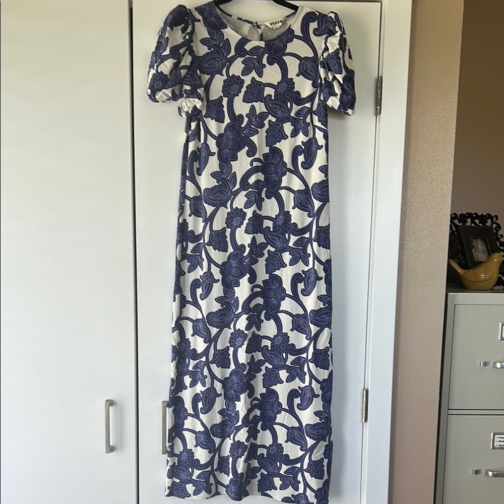 Boden Blue Floral Dress w/ Puffy Short Sleeves